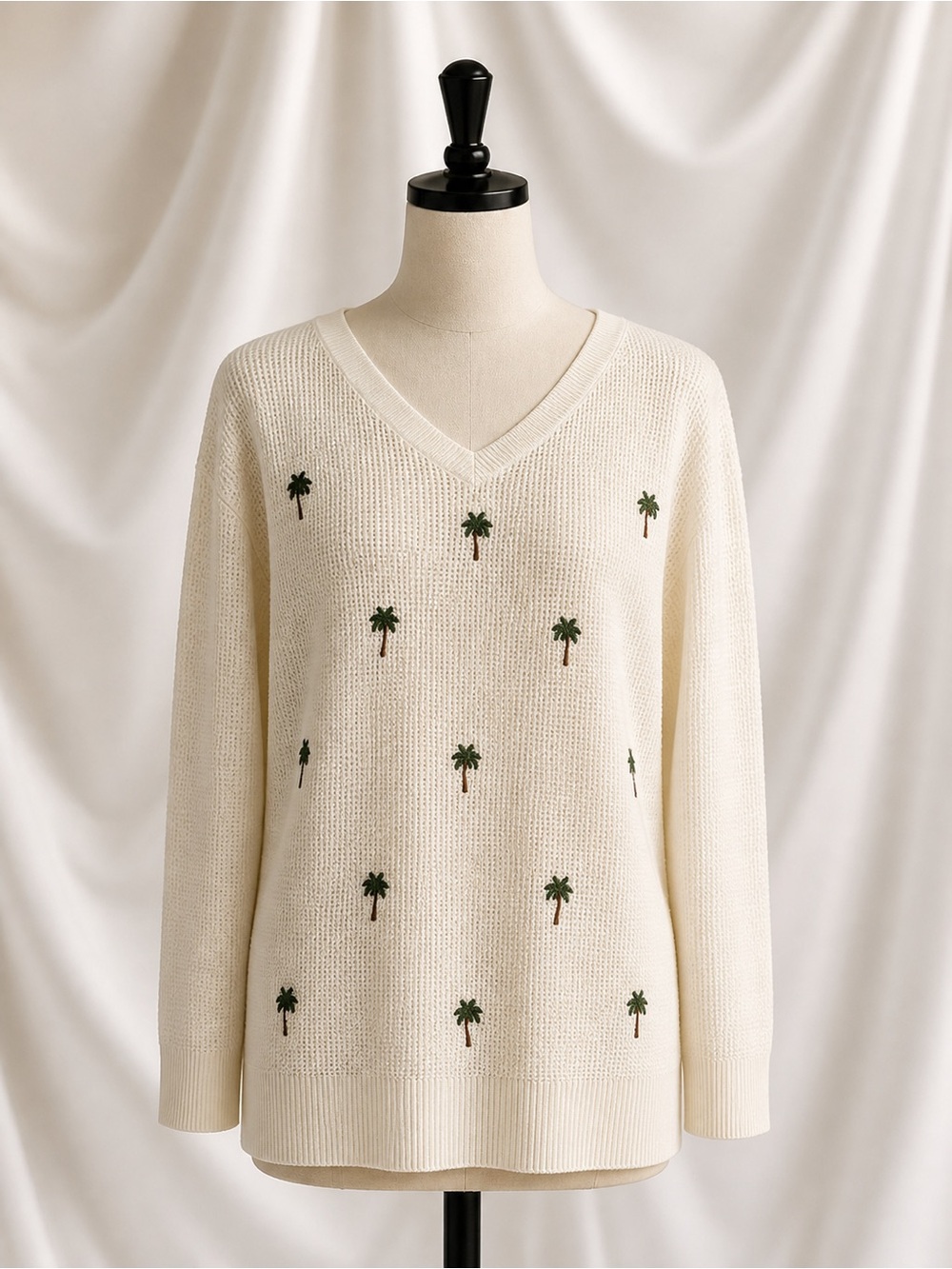 Cream V‑Neck Palm Tree Embroidered Sweater